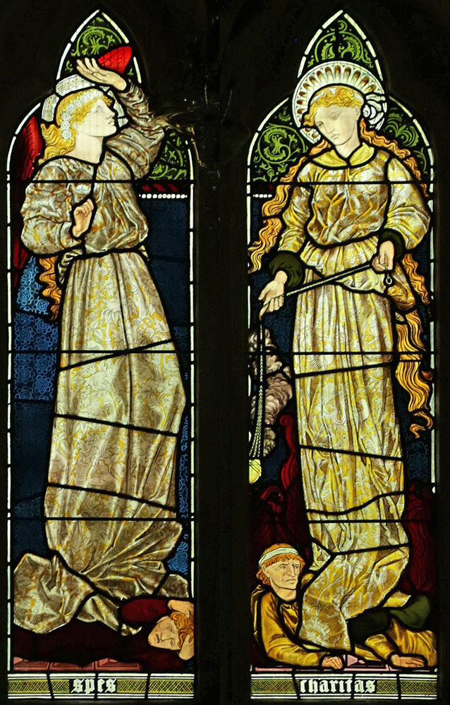 Pre-Raphaelite  figures of saintly ladies in glass
