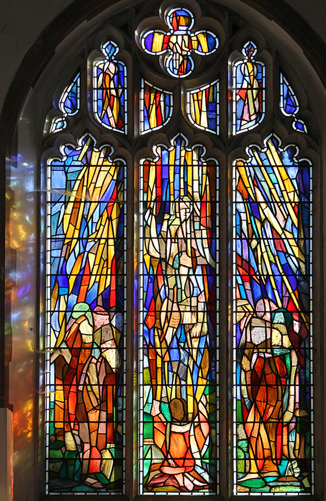 Colourful modern stained glass from St Margaret Norwich